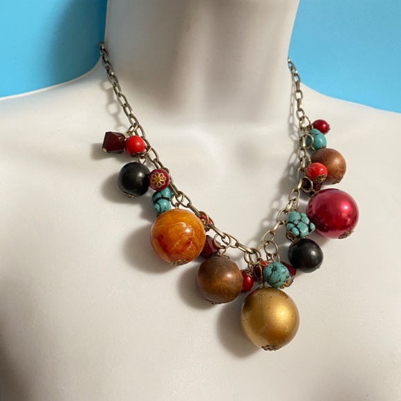 Boho Necklace Acrylic & Wood Beads Silver Tone - Picture 6 of 6